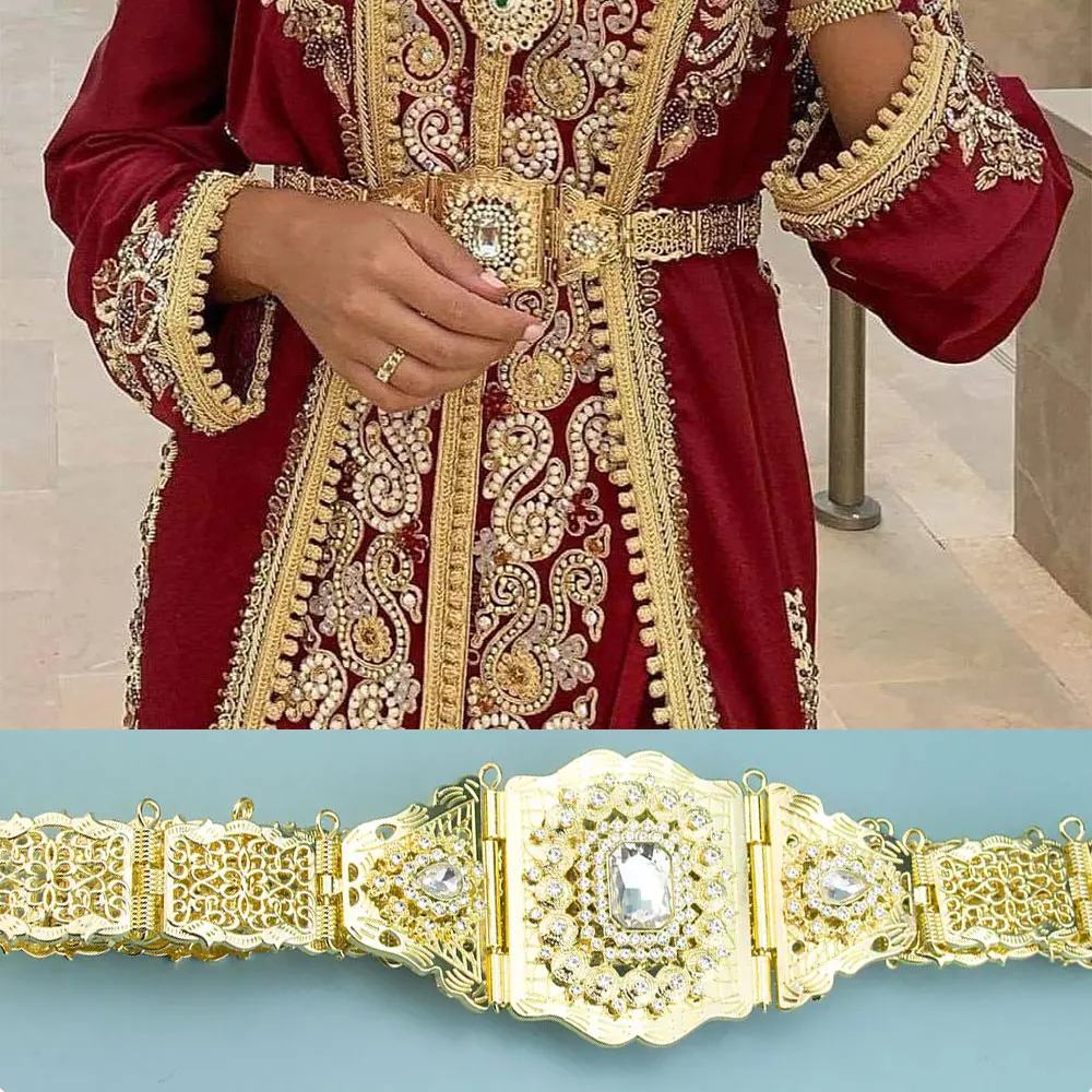 Sunspicems 11 Gold Color Moroccan Belt Large Gems Women Caftan Waist Belt Algeria Arabic Bridal Wedding Jewelry CABLANCA Design