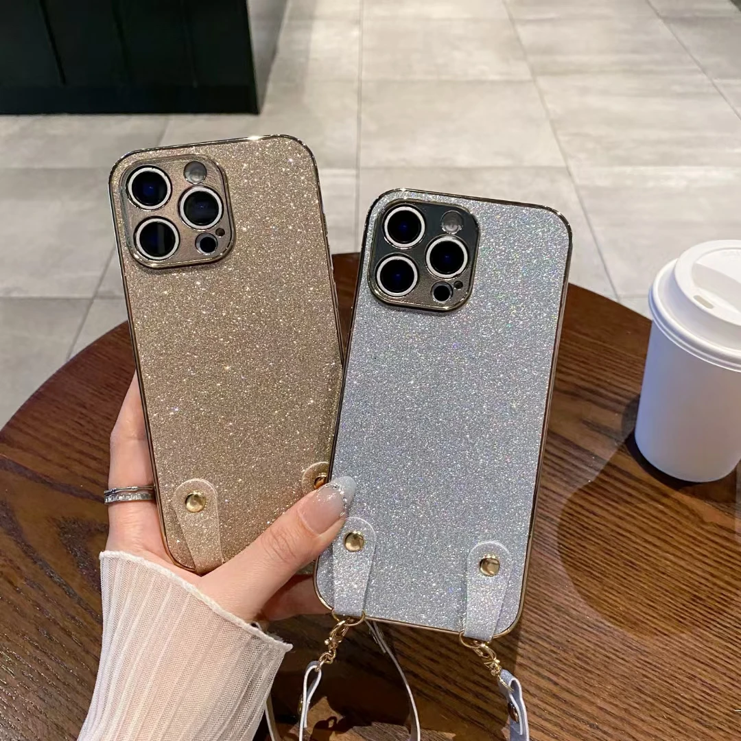 

Чехол для телефона с блестящим бампером и вспышкой для iPhone 16/15/14/13 Pro Max, противоударный защитный ремешок на запястье