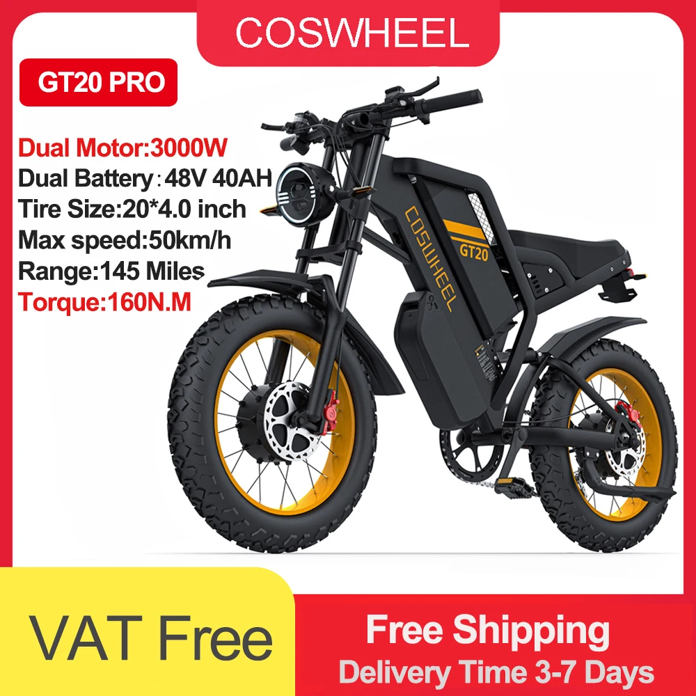 COSWHEEL Elektrische fiets GT20 PRO 3000W Dubbele Motor 48V 40AH Batterij Elektrische Fiets 20 Inch Vetband Off-Road Mountain EBike