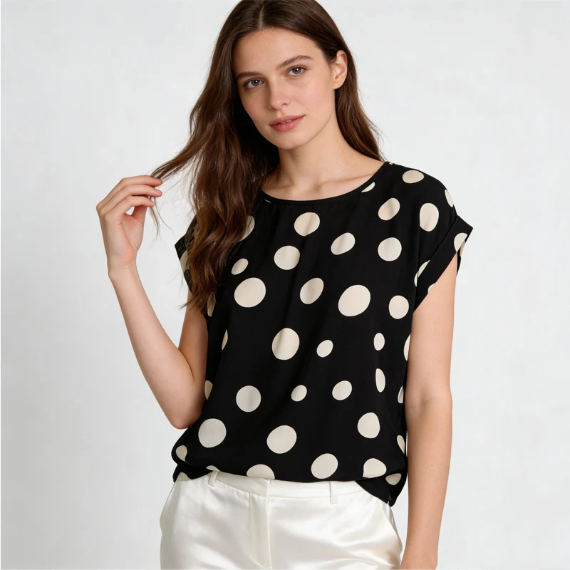 Modern Retro Black/White Polka Dot 100% Natural Mulberry Silk Double Crepe Loose Round Neck Short Sleeved Women's Casual T-shirt
