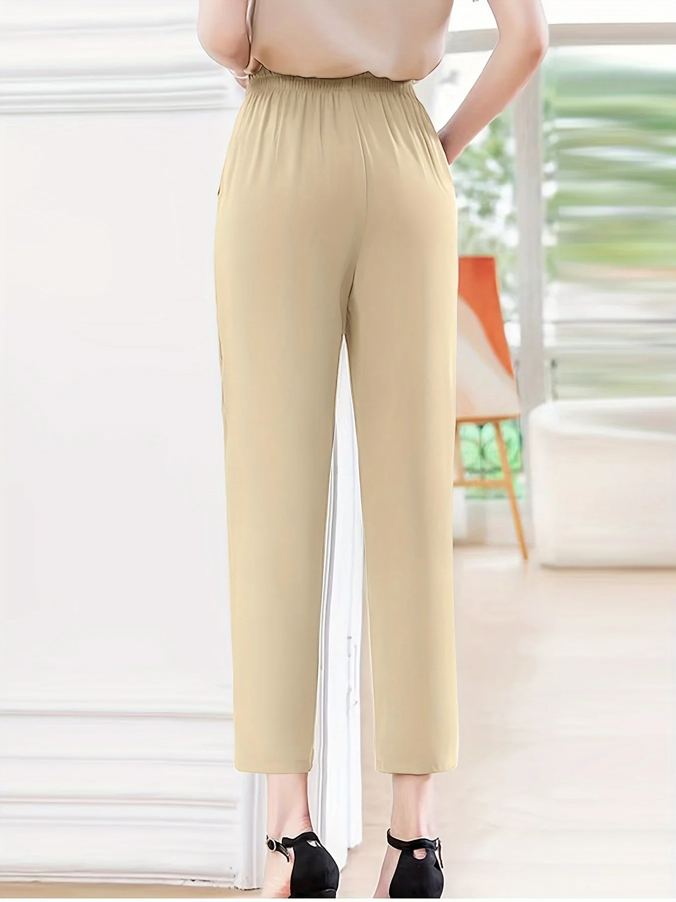 Letnie nowe elastyczne spodnie damskie typu \"tykwa\" z elastyczną talią, w jednolitym kolorze, do noszenia na co dzień, długość 7/8.