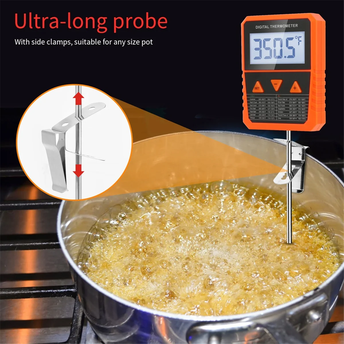 Probe Candy Thermometer with Pot Clip,Alarm Function,IPX6 Waterproof Rotatable Large Display Deep Fry Oil Thermometer SQ