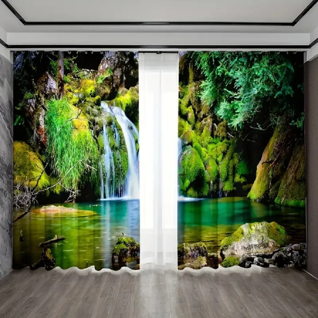 3D Waterfall Natural Scenery Landscape Thin Window Curtains For Living Room Kitchen Bedroom Left and Right Biparting Open