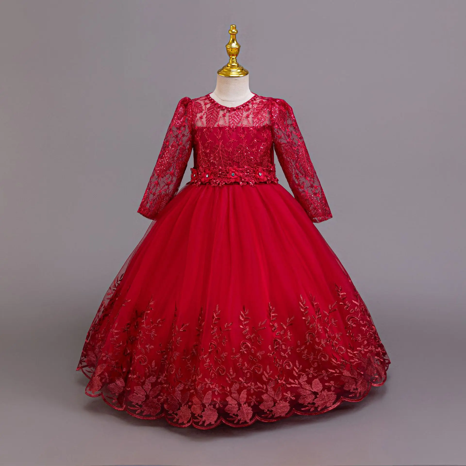 

New Year Dress For Girls Lace Flower Embroidery Princess Dress Teenagers Graduation Ceremony Gown Festive Dress For Girl