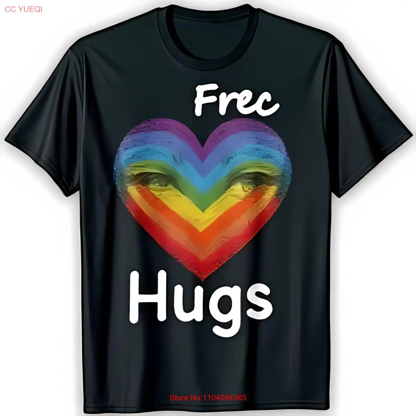 

Black T-Shirt with Heart Design and Eyes ' Hugs' Graphic Tee