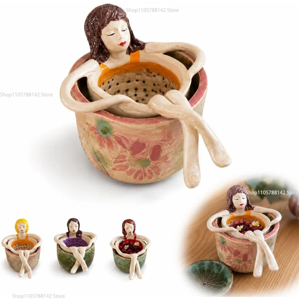 Whimsical Sitting Lady Ceramic Tea Strainer Figurines Decoration Crafts Collection Gift for Home Office Kitchen Decor Tea Lovers
