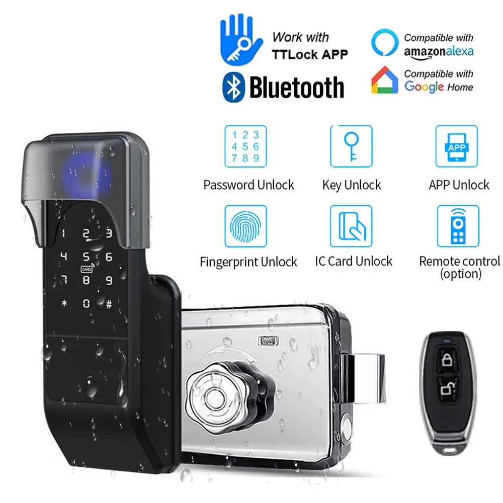 Bluetooth TTLOCK Mobile APP Fingerprint Door Lock Wooden Gate Opener Remote Control Electronic Lock Biometric IP65 Waterproof