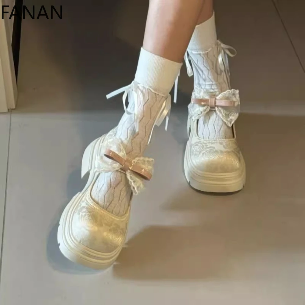 

2025 New Pumps White Rose Pattern Mary Jane Shoes Heel Women Ins Jk Uniform Leather Shoes Heightening Breathable Single Shoe