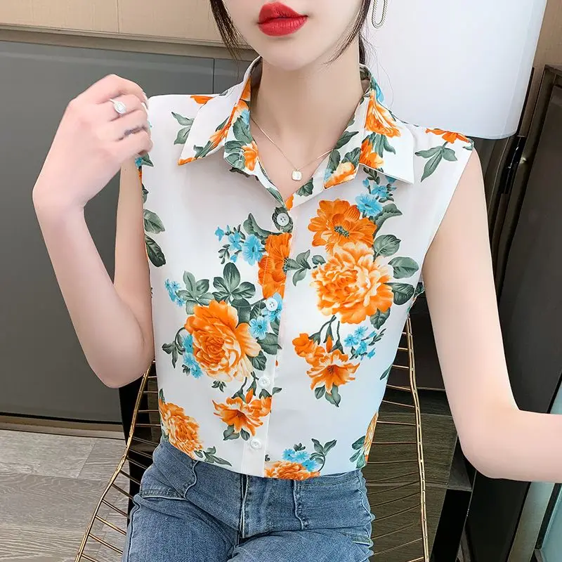 Summer Women Clothing Sleeveless Printed Chiffon Shorts Turn-down Collar Women Blouse Tops