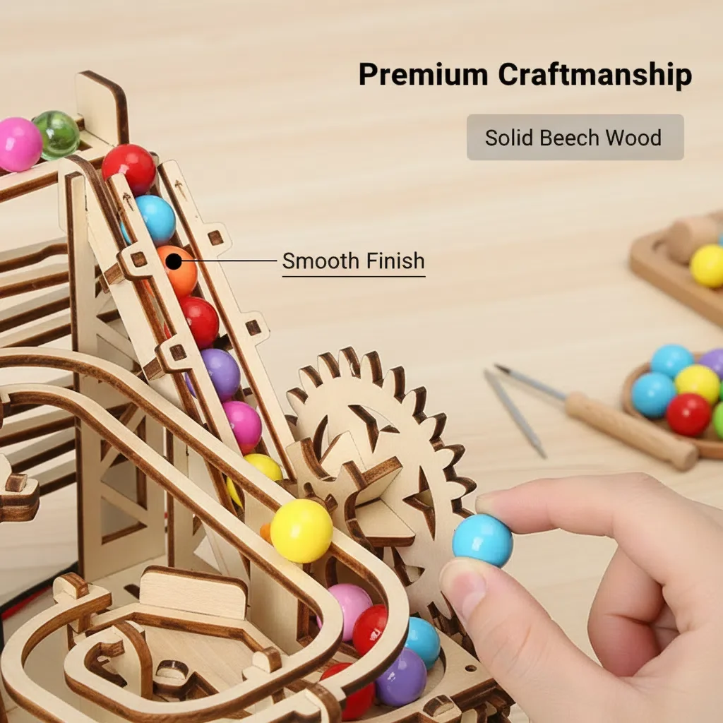 Track ball wooden jigsaw puzzle 3d model, handcrafted scientific experiment small make, assembly, educational toy gift