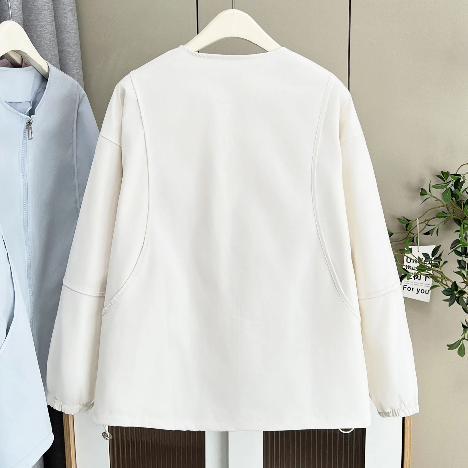 XXXXL موضة حجم كبير سترة نسائية بسحاب فضفاضة بدون ياقة معطف مرقع ملابس خارجية غير رسمية 309