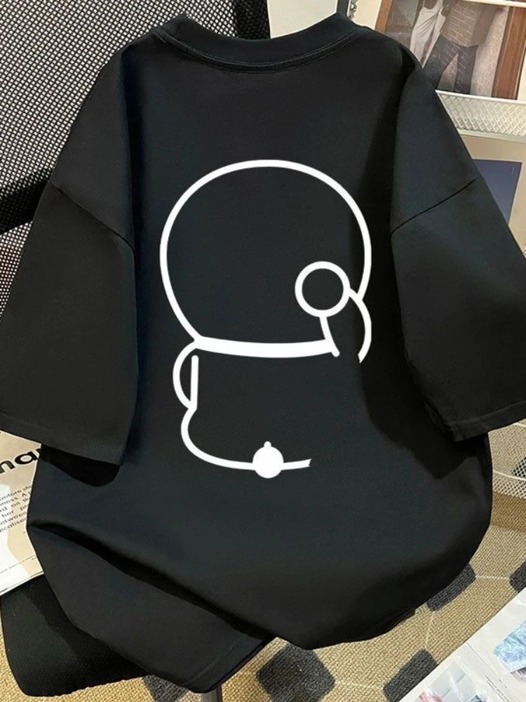 2025 الصيف الاتجاه فضفاض اليابانية الحد الأدنى خطوط الكرتون عبقور قصيرة القطن الخالص كم تي شيرت للرجال والنساء زوجين #3