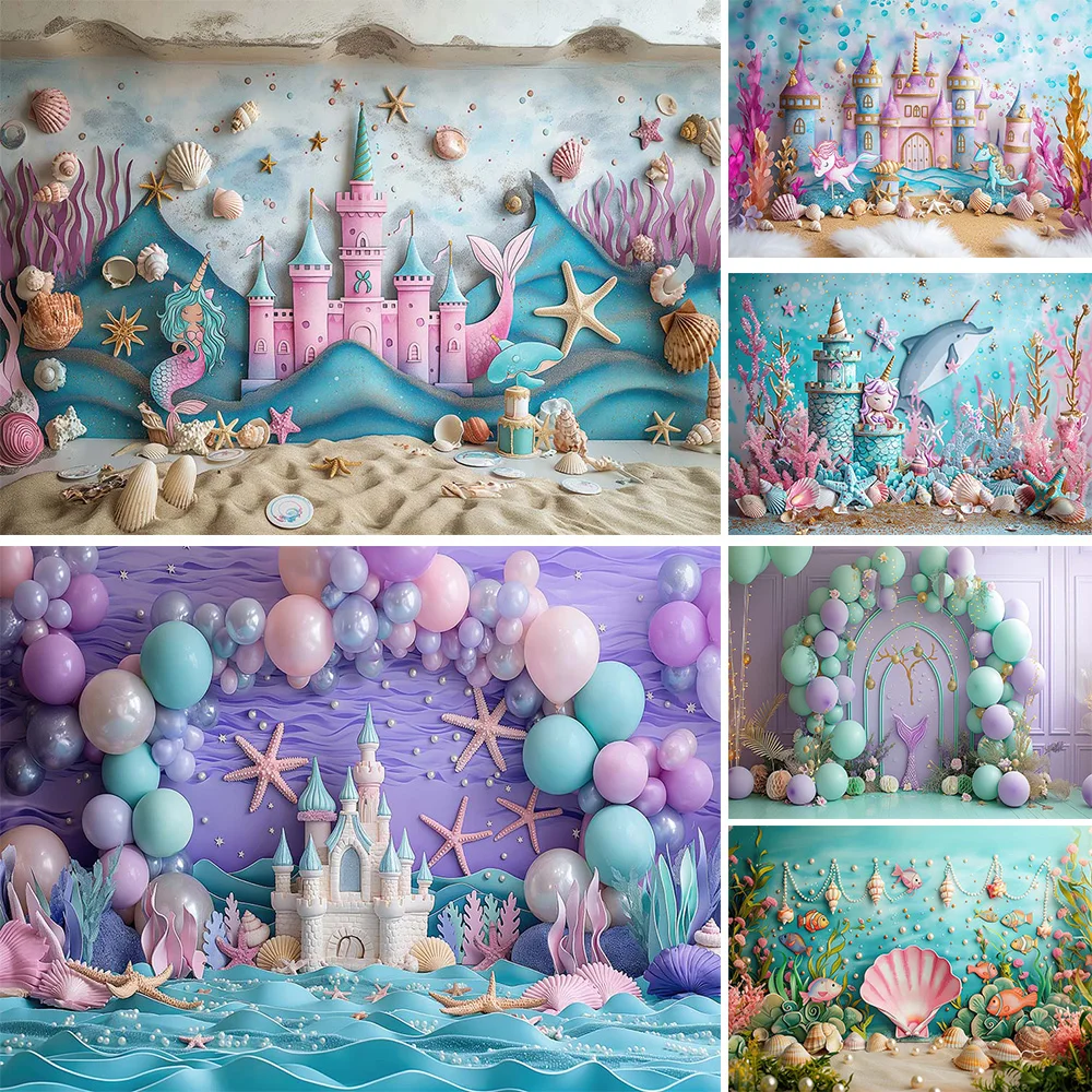 Mermaid Princess Girl Birthday Portrait Background Booth Undersea Castle Seashell Beach Backdrop Kids Cake Smash Photo Studio