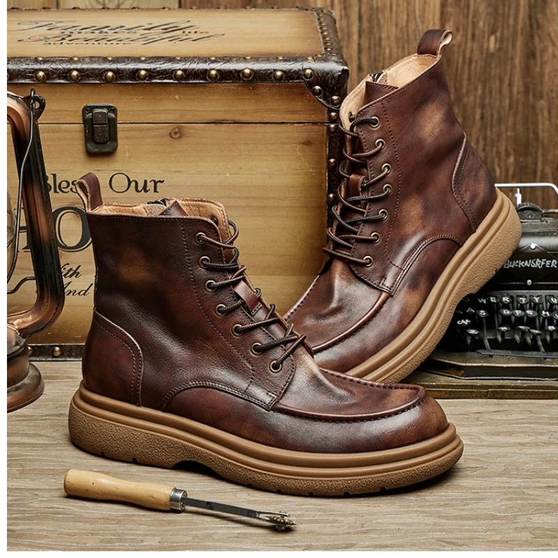 Men's Genuine Leather Mid-Calf Combat Boots | British Retro Thick Sole Work Boots | Versatile High-Top Motorcycle Ankle Boots