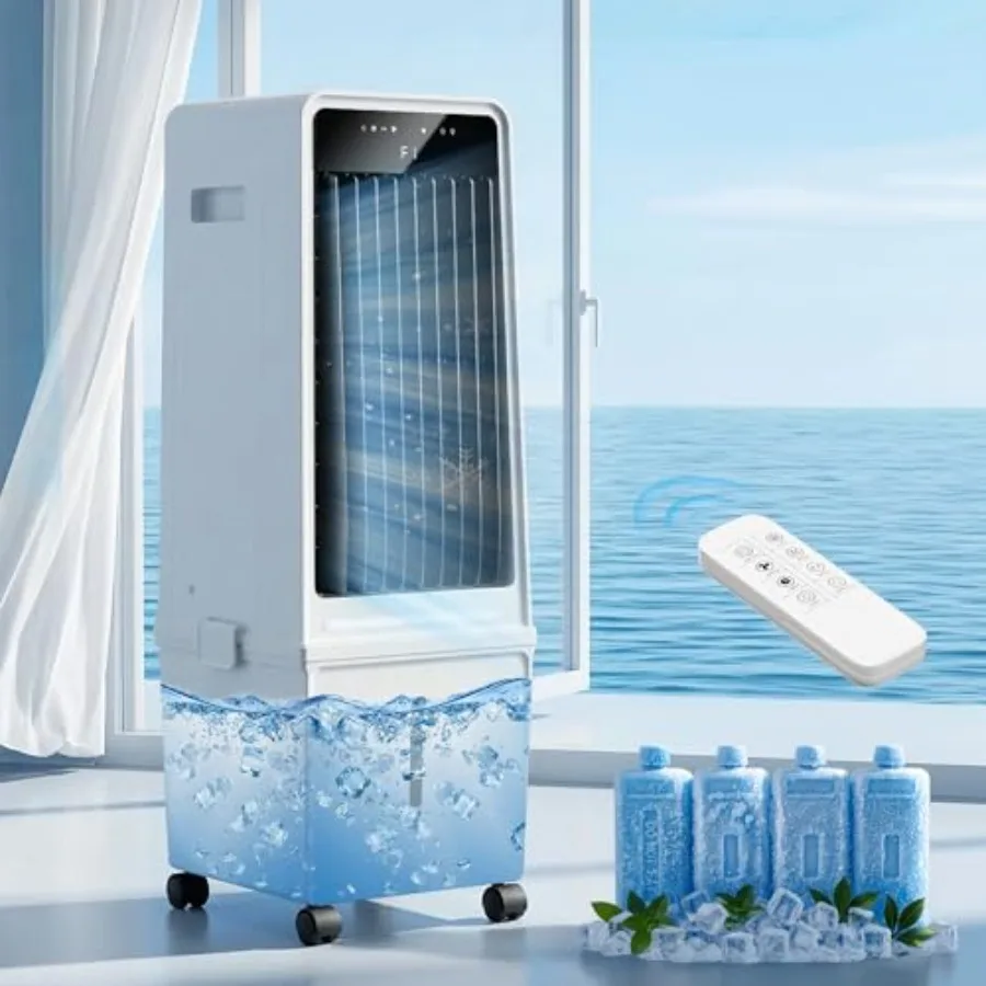 

Portable evaporative air cooler for indoor/bedroom/office use, plastic housing, gray color, 1800 CFM airflow with 4-gallon deta