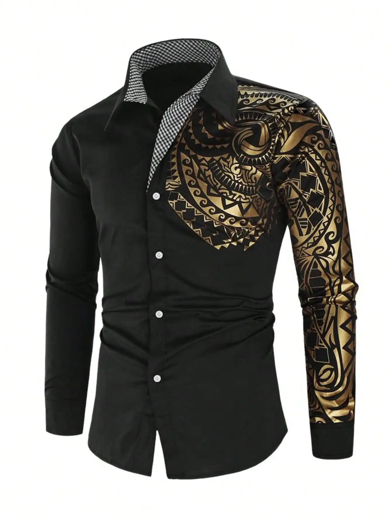 

Men's Black Long Sleeve Casual Shirt with Gold Tribal Print and Checkered Inner Collar