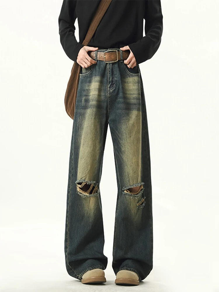 بنطلون جينز فضفاض ممزق واسع الساق من American Sle للرجال بتصميم عصري كاجوال مستقيم من قماش الدنيم الأزرق #3