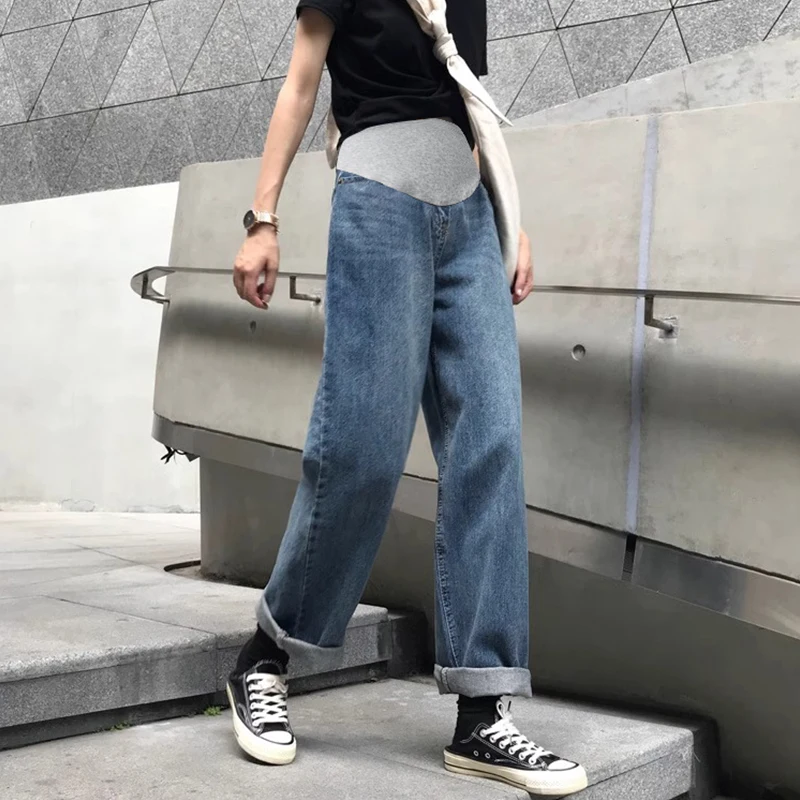 

Wide Leg Loose Washed Denim Jeans for Maternity Casual Belly Slim Straight Pants for Pregnant Women Vintage Summer Pregnancy