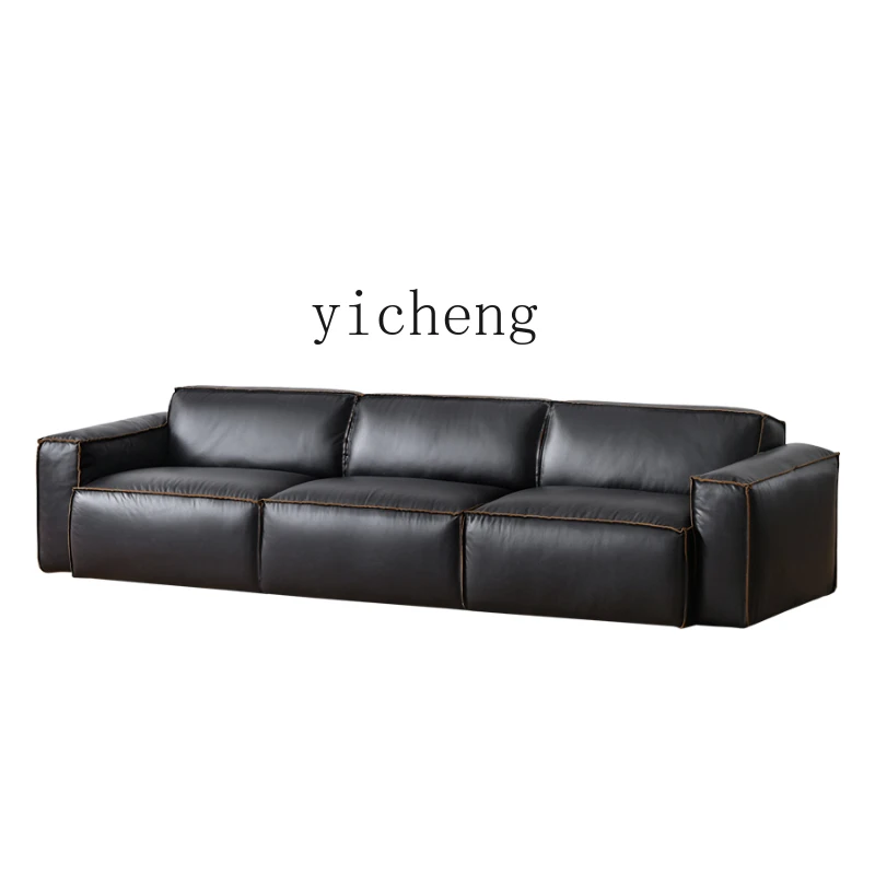 TQH minimalist top layer cowhide leather sofa for three or four people, black living room sofa