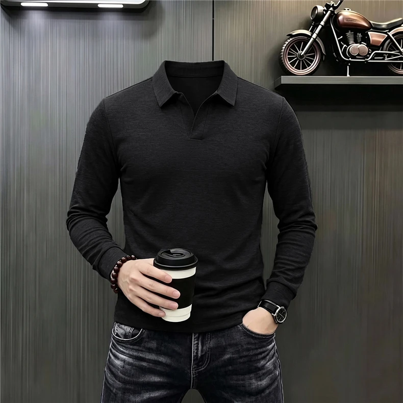 Herren Business Casual Langarm-Poloshirt Frühling Herbst Komfortables Atmungsaktives Arbeitsoberteil für Formelle Anlässe T-Shirts für Männer – Detail 25