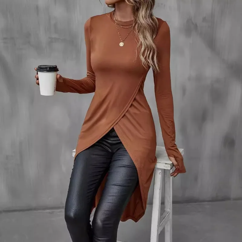 

Women's T-Shirts Autumn French Decent Plain Long Sleeve Crew Neck Wrap Long High Street T-Shirts Fashionable Women's Blouse