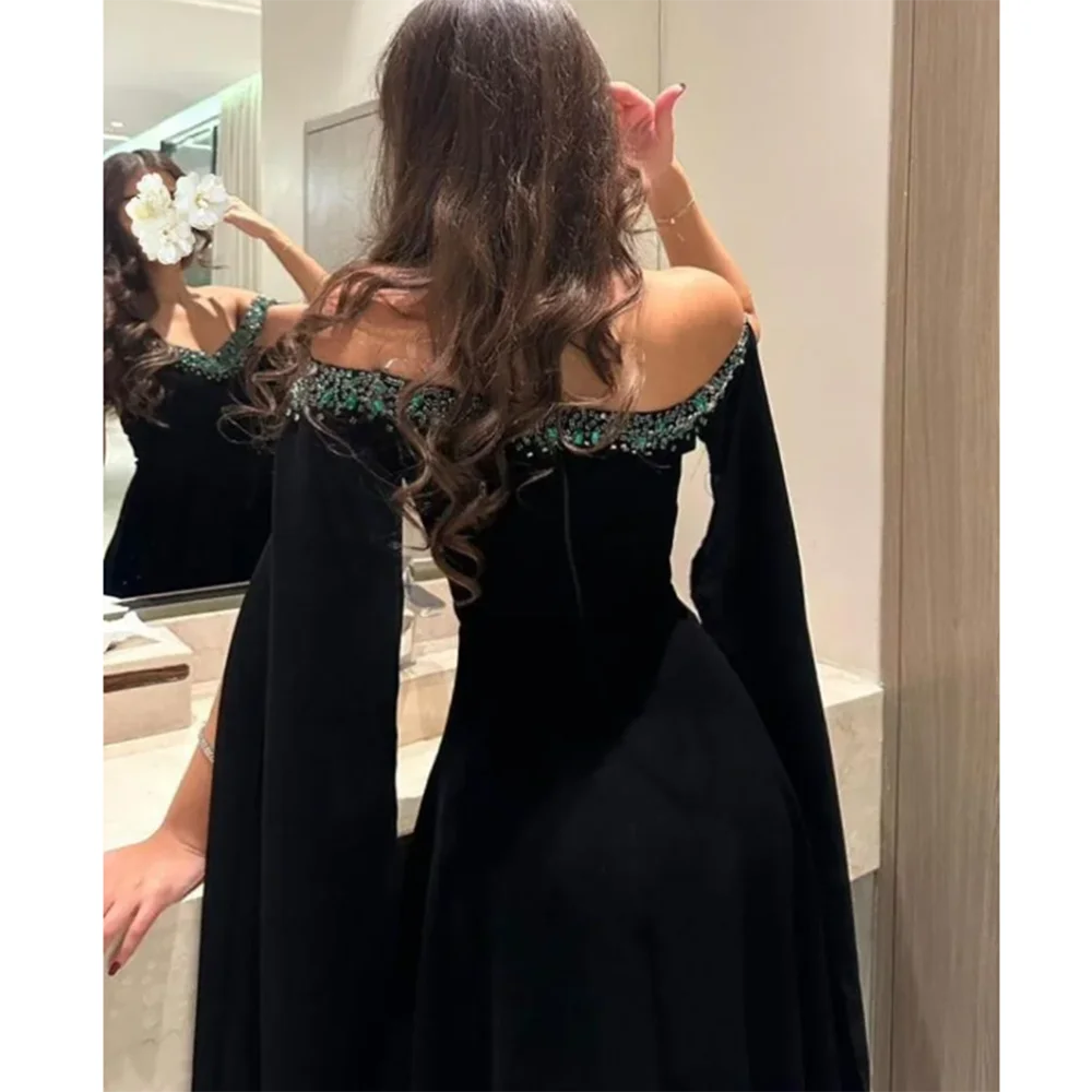 Luxury Classic Black Shiny Formal Evening Dress Of Shoulder Floor Length Sexy Slimming Pretty فساتين سهرة Vestidos De Fiesta