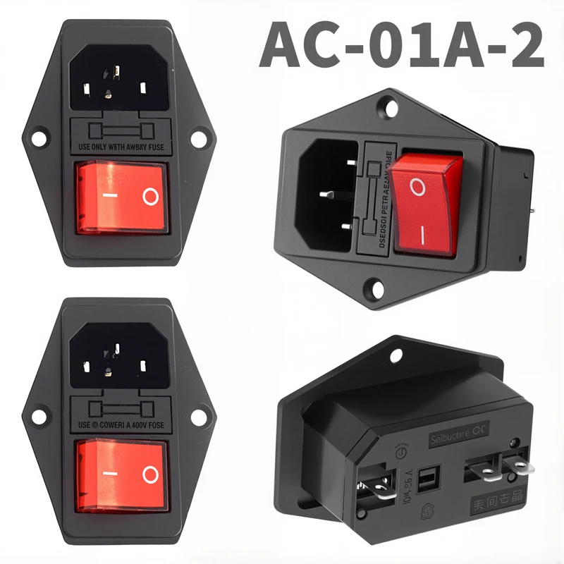 AC-01A-2 Electrical AC Power Socket Rocker Switch Brass 10A 250V Inlet C13 Plug Connector Computer Mount Outlet With Fuse