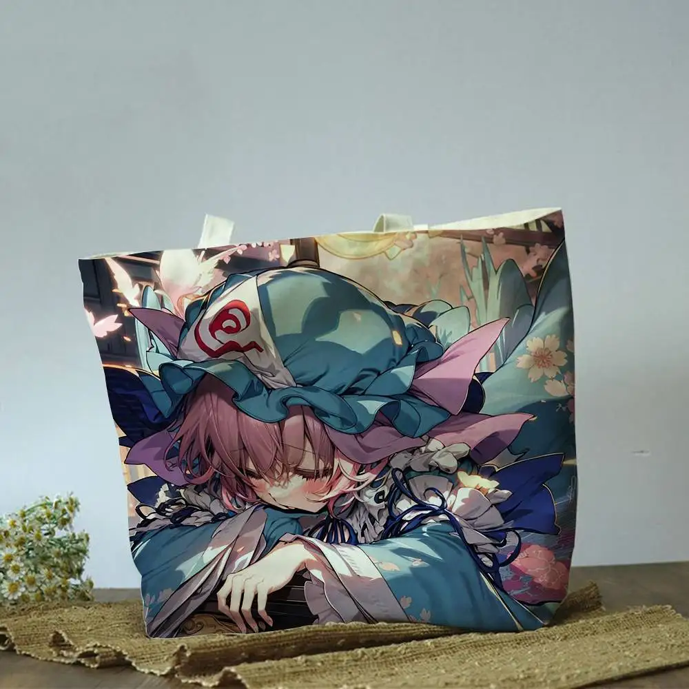 Yuyuko Saigyouji Touhou Project  Plain Beige Cotton Polyester Canvas Shoulder Bag for Grocery & Travel
