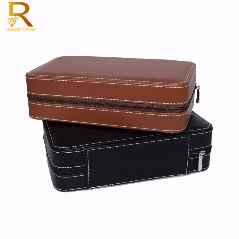 PU Zipper Diamond Jewelry Storage Box Brown Black Leatherette Case With 30 Pcs Round Stone Gem Box Gemstone Display Box