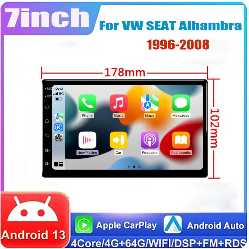 

7" For Seat Alhambra 1996-2008 Head Unit Car Radio Stereo Wireless Carplay Apple Android Auto Reversing Image GPS Navi BT 64G