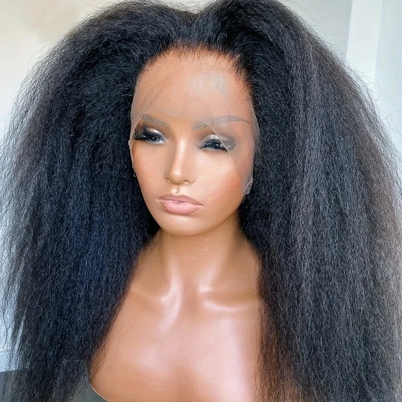24 Inch Kinky Straight Yaki  Natural Black Soft Long Glueless Lace Front Wig For Women With Baby Hair Synthetic Preplucked Daily