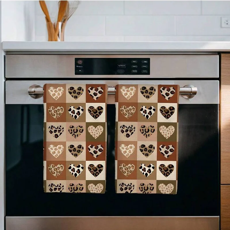 2Pcs, Leopard Print Heart Plaid Kitchen Towel, 40Cm*60Cm Towel Set, Super Absorbent Soft Cleaning Cloth, Cooking and Baking Tea Towel, Hand Towel, Cleaning Cloth, Dishwashing Cloth, Kitchen Decoration, Living Room Decoration, Kitchen Essentials, Home Essentials