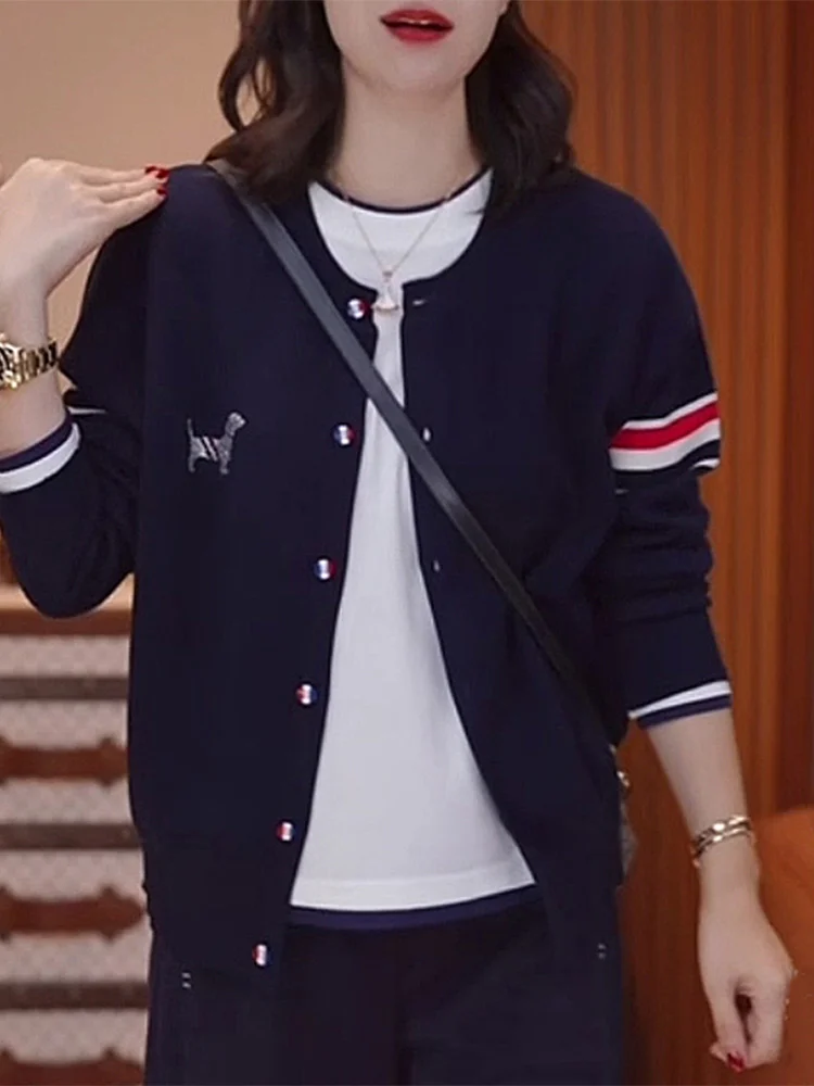 Fashionable Striped Knitwear Jacket Women's Casual Embroidered Patchwork Color Block Open Cardigan Warm Loose Fit Long Sleeve