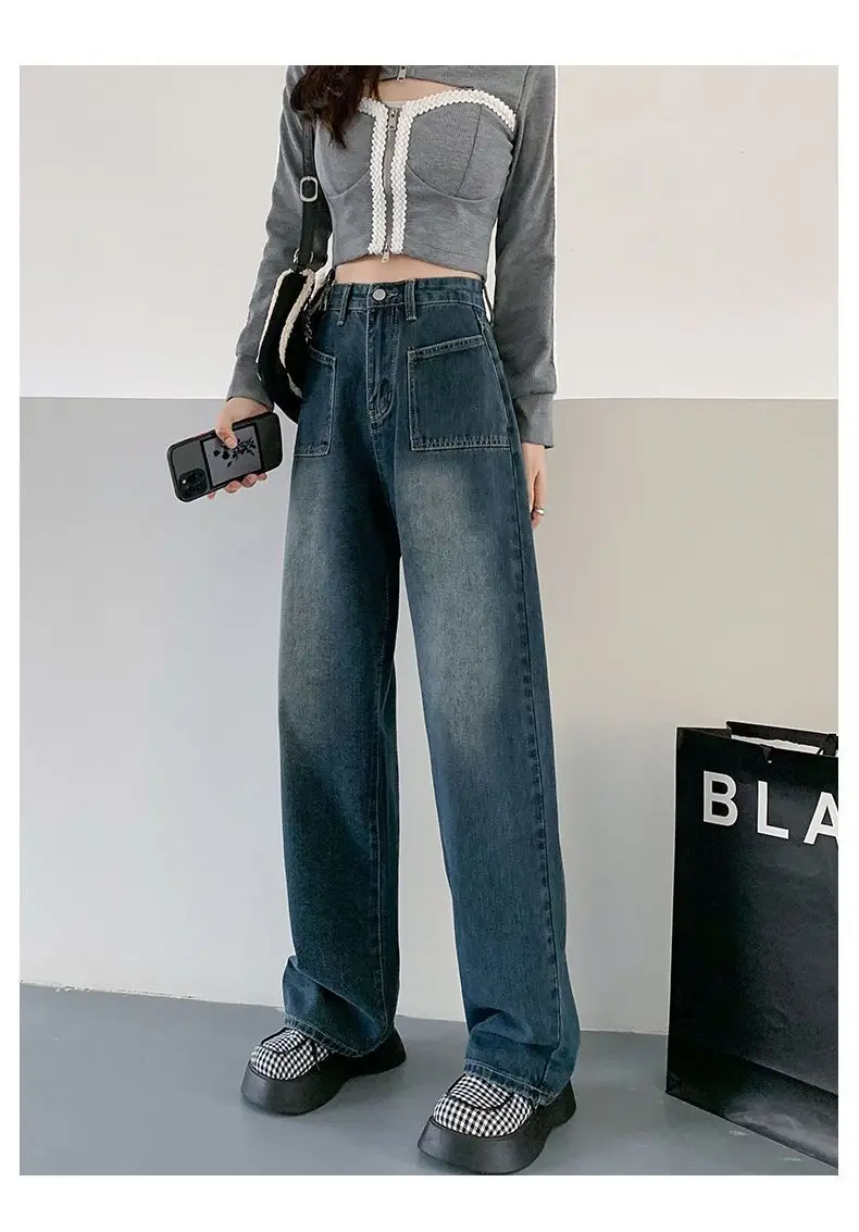 Chic High Waist Jeans Women Loose Fit Wide Leg Straight Pants Large Pocket Floor Length Casual Comfortable Stretchy Denim