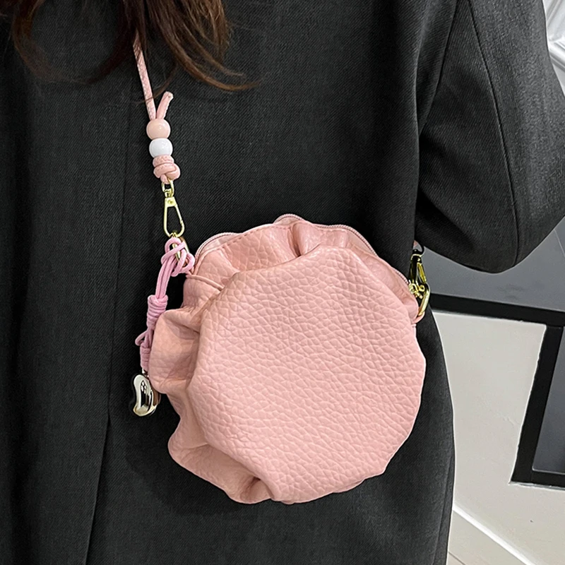 

Personalized Pleated Mini Round Bag Women Summer New Korean Solid Zipper Crossbody Bags Fashion Commute PU One Shoulder Bag