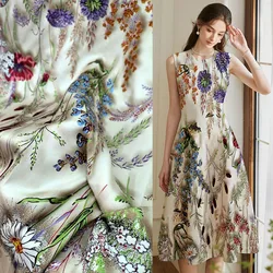 Luxury Real 100% Mulberry Silk Fabric Print Purple Floral Design Women Dress 16mm Crepe Chine Cloth 138cm Wide Sewing Tissus