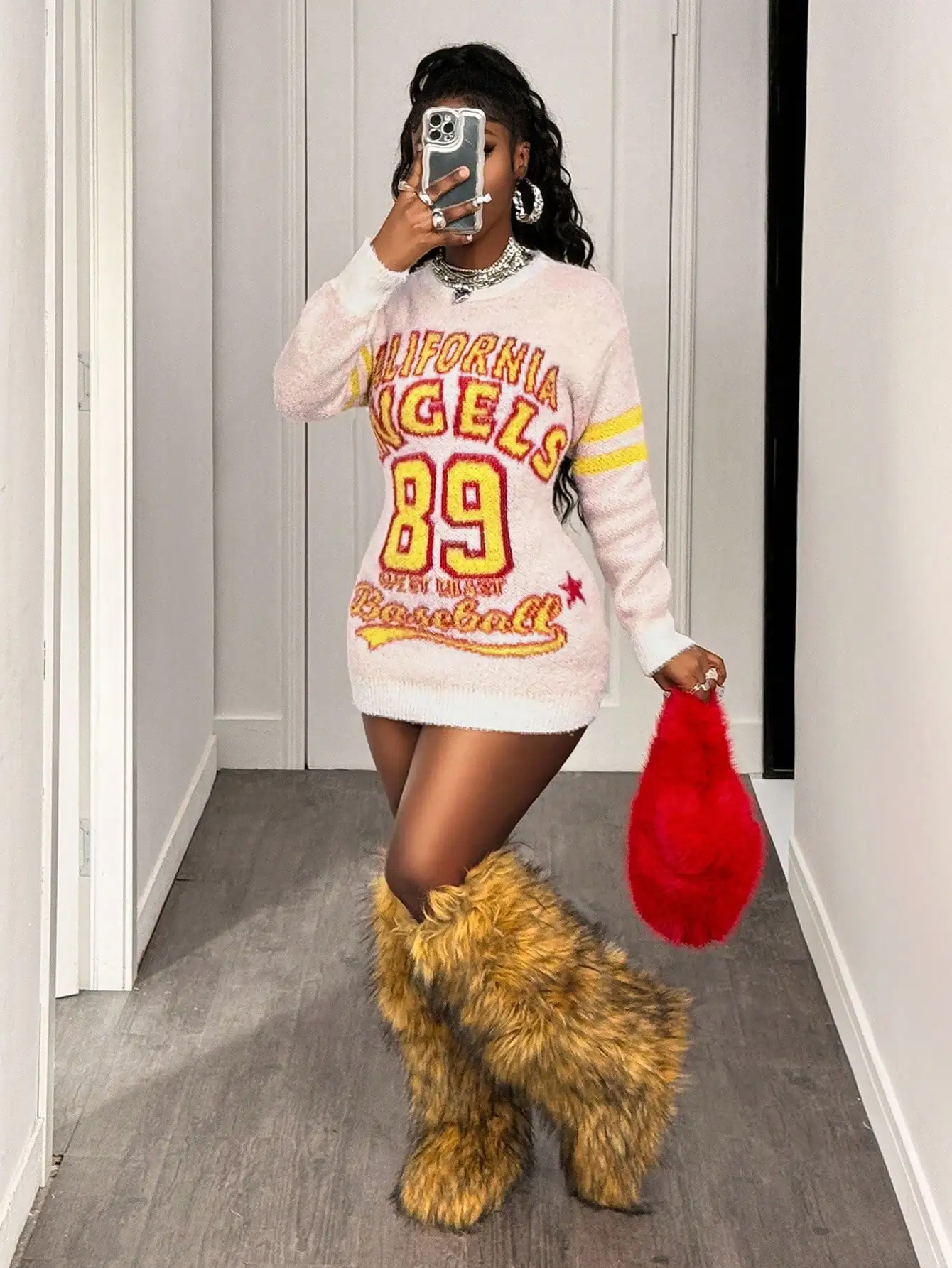 

Women's Long Sleeve Crew Neck Knit Sweater with California Angels 89 Graphic, Street Style Casual Pullover