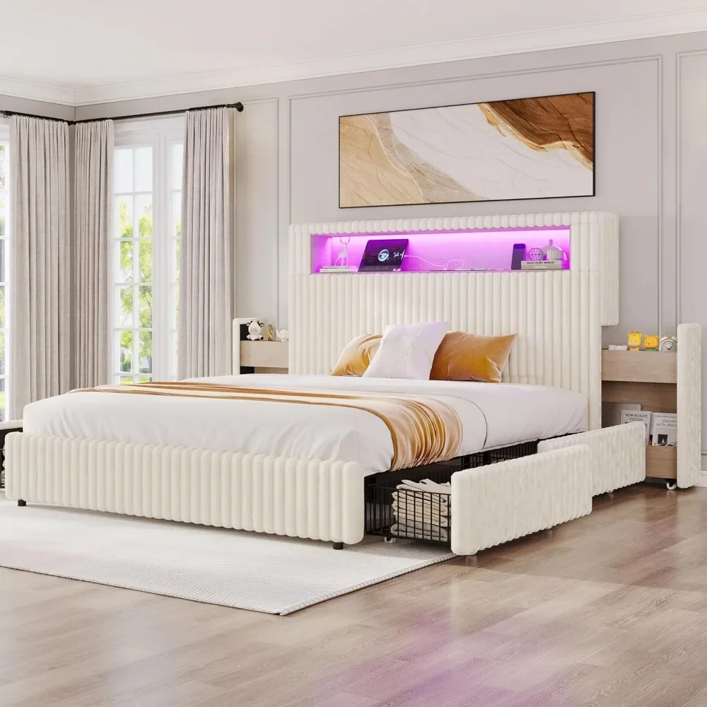 

King Size Storage Bed Frame with 51.2 Tall Upholstered Headboard, Built-in 6 Drawers & Bookcase