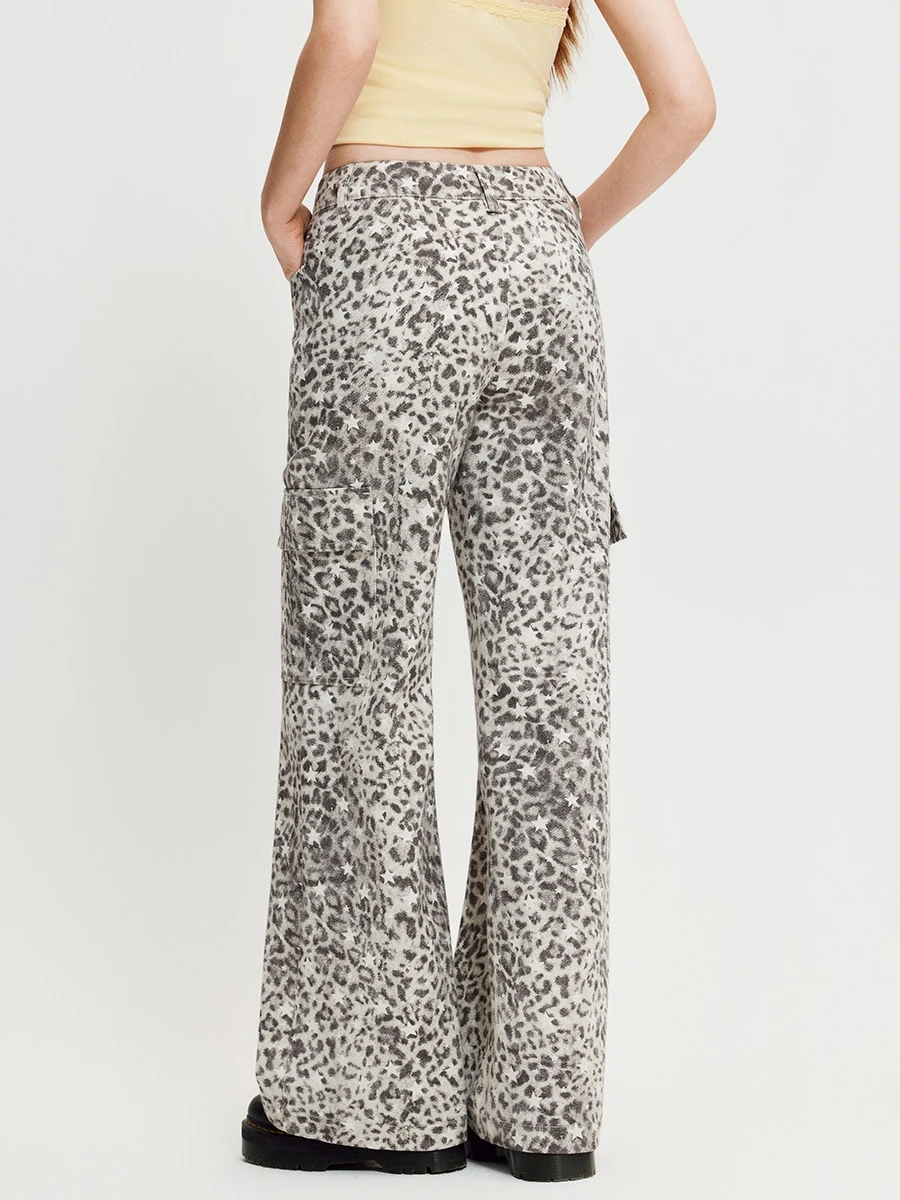 YESCCI Fashion Leopard Print Flared Trousers Autumn New Mid Rise Soft Washed Cargo Pockets Women's Pants Casual Wear Y716081071