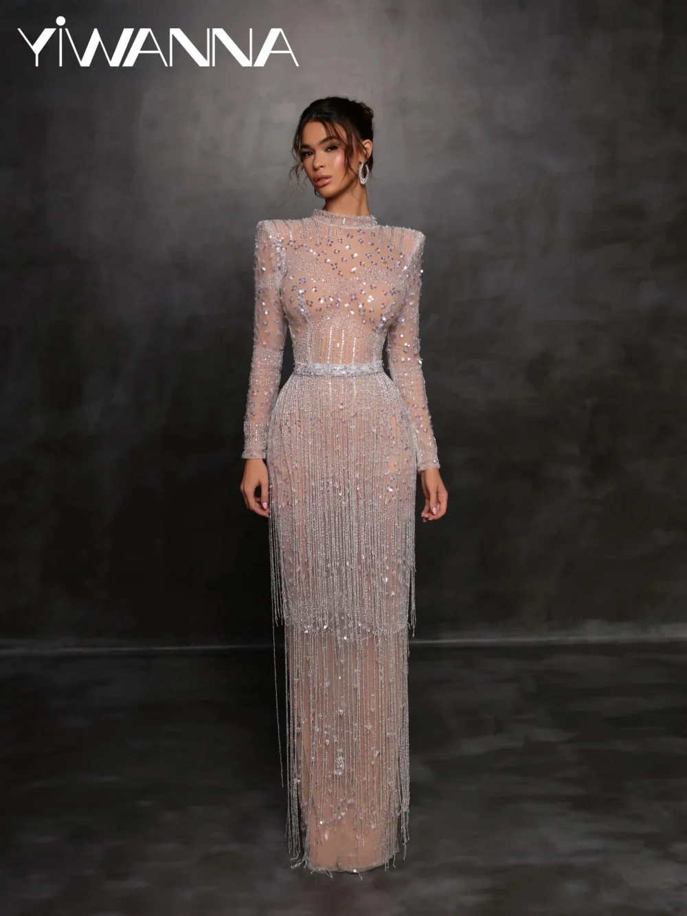 

New Arrival Illusion Tassel Evening Dress Floor-length Luxury Beaded Wedding Party Gown Customized High Collar Prom Dresses