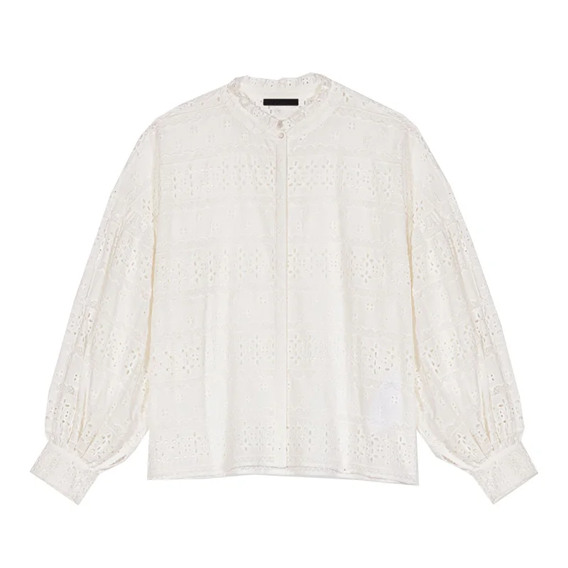 

MaSandeM Весна 2023 Женская однотонная блузка с рукавами-фонариками, ажурным цветочным узором, воротником-стойкой, для офиса и повседневной носки