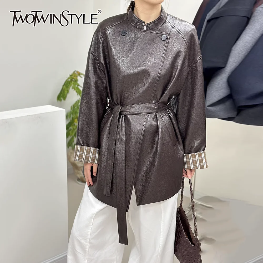 

TWOTWINSTYLE Solid Spliced Bandage Jacket Female O Neck Long Sleeve Loose Vintage Literary Women's Jackets Autumn Fashion New