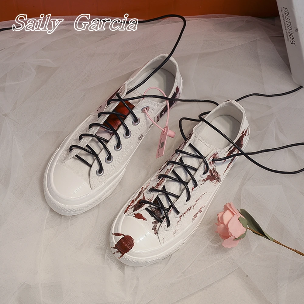 Blood Stained Rose Flower Flat Canvas Shoes New Design Largre Size Men/Women Vulcanized Shoes Round Toe Platform Casual Shoes