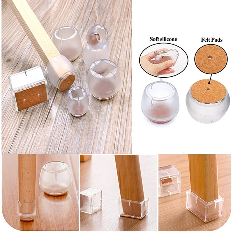 8PCS Transparent Furniture Feet Protection Cover With Felt Pad Rubber Non-slip Table Chair Leg Feet Pads Wood Floor Protector