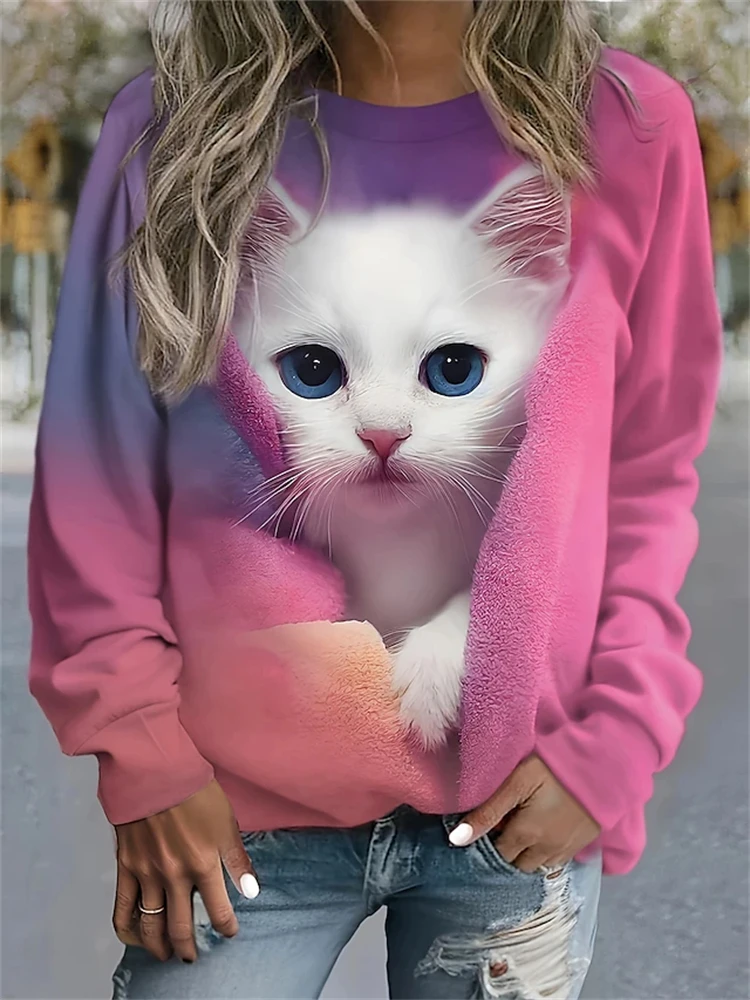 2024 New Cute Plush Cat Printed Women's Long Sleeve New Fashion Sweater Autumn Casual Comfortable Round Neck Sweatshirt Pullover