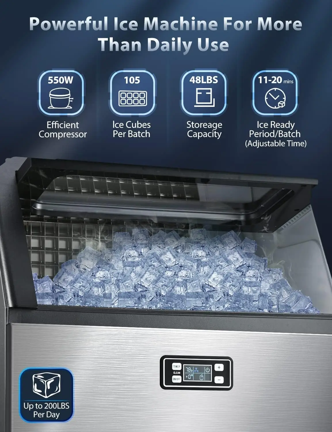 Commercial Ice Maker Machine, 200lbs/Day, 105 Ice Cubes/Batch in 11-20 Mins, Self-Cleaning, Advanced LCD Panel,, Customized