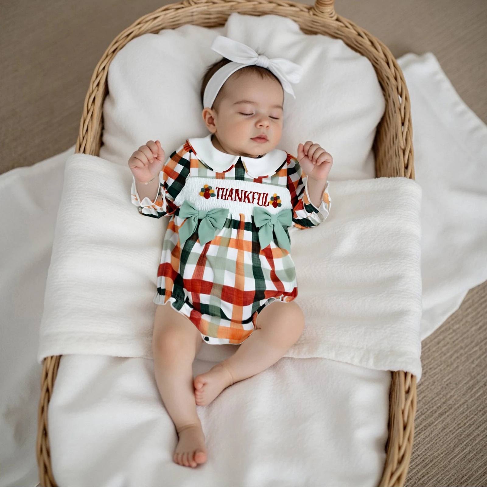 

Милый комбинезон для маленьких девочек, кукольный воротник с длинными рукавами, клетчатый комбинезон с вышивкой букв, Турция, одежда на День Благодарения