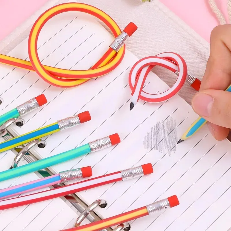 Lápiz mágico Flexible con goma de borrar para niños, lápices curvos coloridos y creativos, suministros escolares, regalo para estudiantes, 6/1 piezas