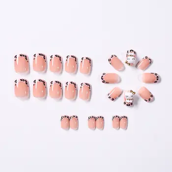 24片/盒 豹紋法式3D Hello Kitty 貼片美甲 短方形美甲 裸粉色假指甲 可愛法式美甲裝飾 8 最佳銷售 Hello Kitty 假指甲 - №4