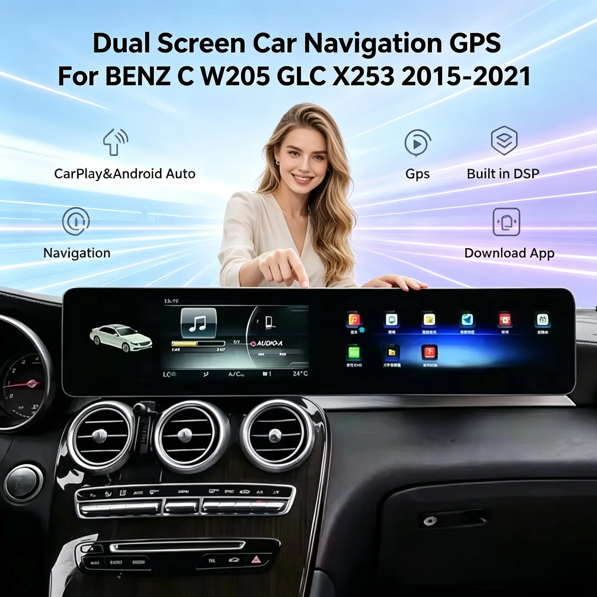 Android 13 Dual Screen 12.3  Carplay For Mercedes Benz C W205 Glc X253 2015-2021 Car Gps Navigation Multimedia Player Head Unit